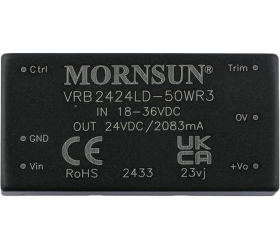 Изображение товара Блок питания MORNSUN VRB2424LD-50WR3 на печатную плату, DC/DC 50 Вт 24 В, изолированный, однополярный выход, стандартный корпус 4271613