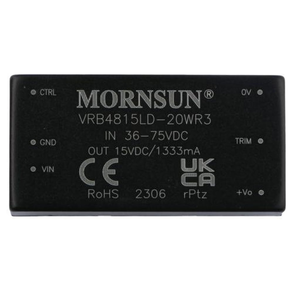 Изображение товара Блок питания MORNSUN VRB4815LD-20WR3 на печатную плату, DC/DC 20 Вт 15 В, изолированный, однополярный выход, стандартный корпус 3152859