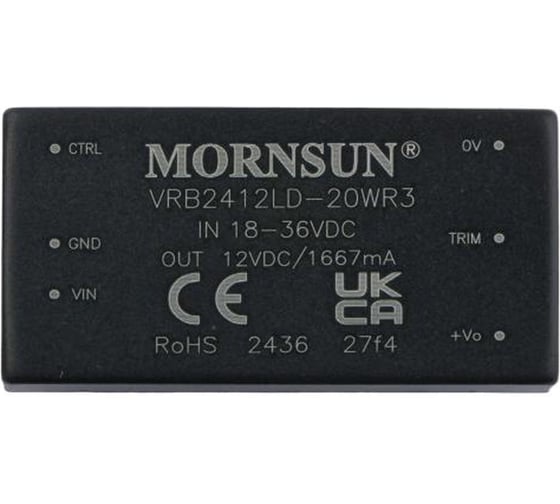 Изображение товара Блок питания MORNSUN VRB2412LD-20WR3 на печатную плату, DC/DC 20 Вт 12 В, изолированный, однополярный выход, стандартный корпус 3152785