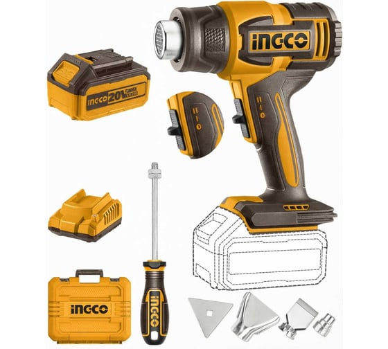 Изображение товара Фен технический, аккумуляторный, INGCO 300/550°C, P20S(20В) HGLI20065
