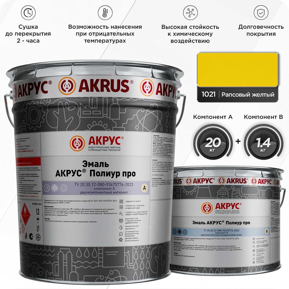 Эмаль АКРУС Полиур Про А+В 21, 4 кг, рапсовый желтый RAL 1021 260М214-1021