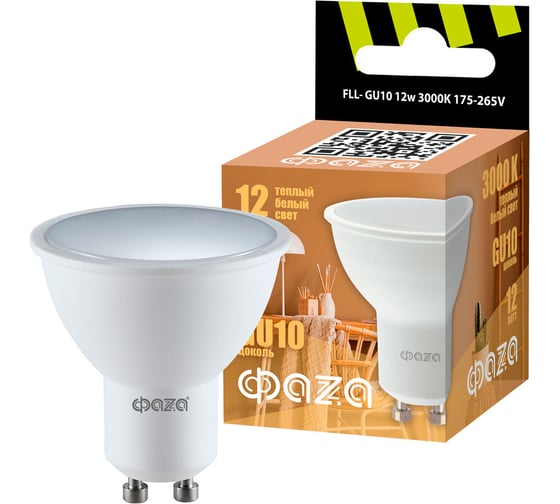 Изображение товара Светодиодная лампа ФАZА FLL-GU10 12Вт PAR16 3000К тепл. бел. GU10 175-265В 50Гц 5038745