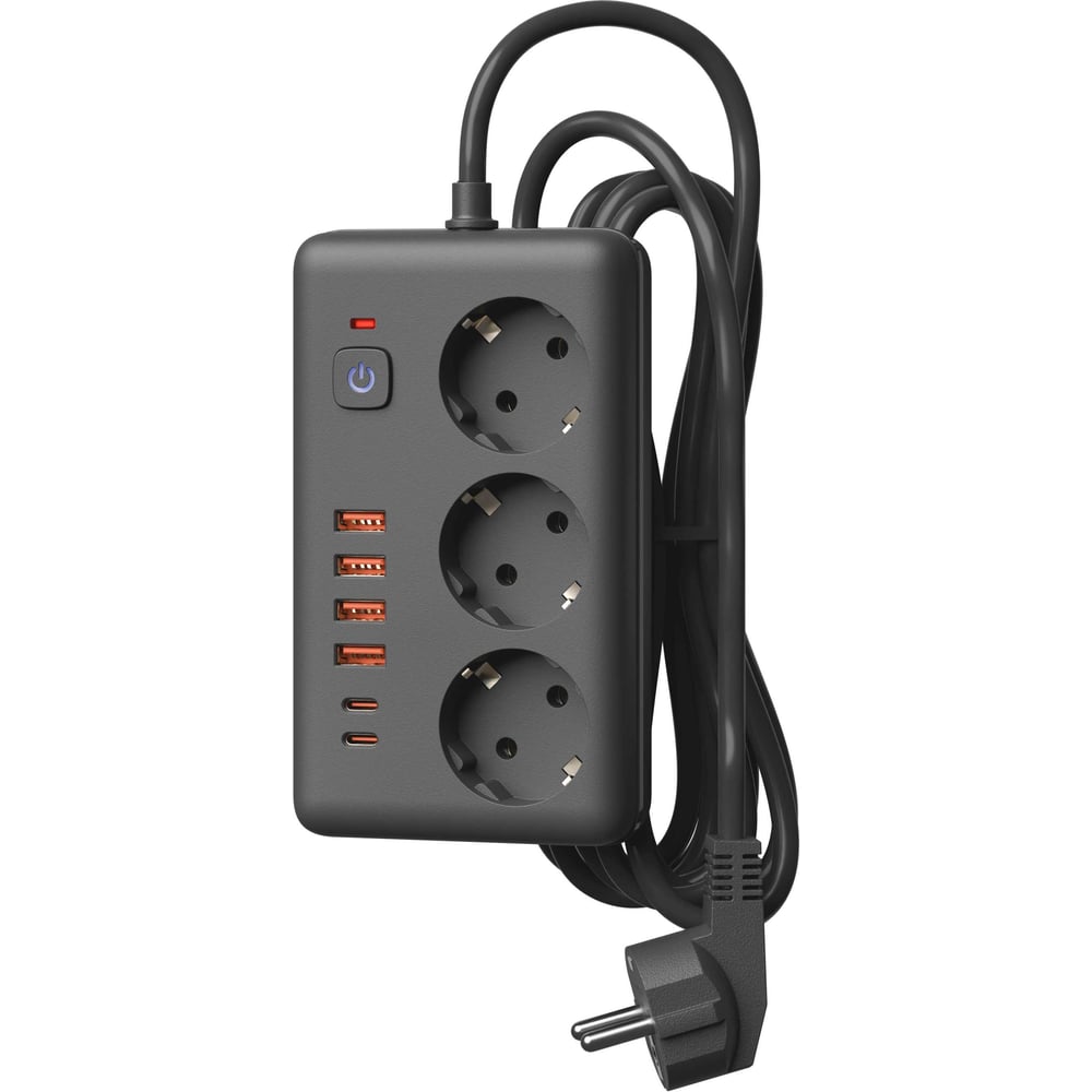 Изображение товара Сетевой фильтр Космос с 3 розетками и 4 USB-портами 2500 Вт, 5 м кабель
