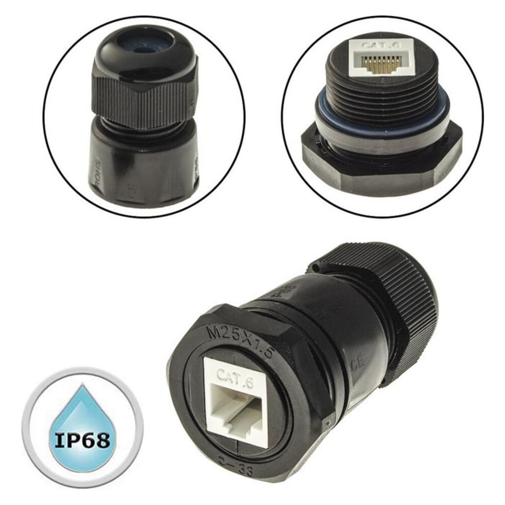 Изображение товара Разъем RJ45 IP68 для категории 6, нейлон, медь, черный, RUICHI