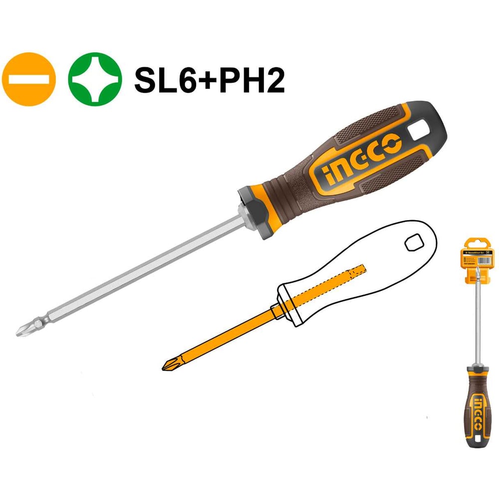 Изображение товара Отвертка двухсторонняя INGCO AKISD26150 с PH2+SL6, 150 мм Изображение товара Отвертка двухсторонняя INGCO AKISD26150 с PH2+SL6, 150 мм
