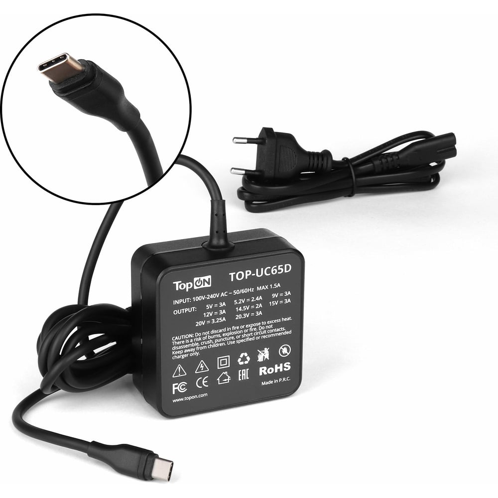 Изображение товара Блок питания TopOn 65W с кабелем Type-C Power Delivery Quick Charge 3.0 настольный TOP-UC65D