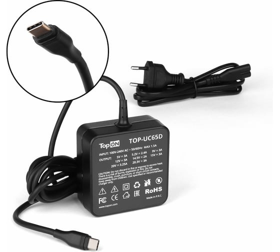 Изображение товара Блок питания TopOn 65W кабель Type-C, Power Delivery, Quick Charge 3.0, настольный TOP-UC65D