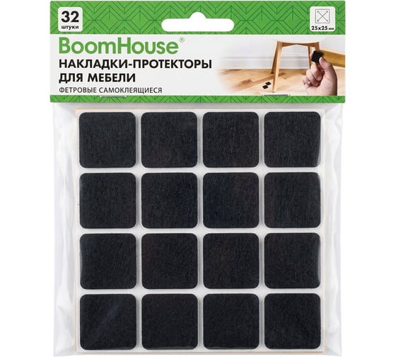 Изображение товара Накладки-протекторы для мебели ФЕТР самоклеящиеся BOOMHOUSE 25x25 мм,черные, КОМПЛЕКТ 32 шт.,, 701821
