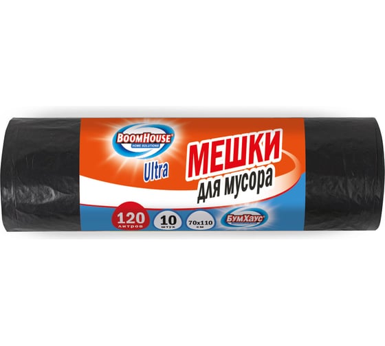 Изображение товара Мешки для мусора BOOMHOUSE 120л черные в рулоне 10 штук особо прочные, ПВД 50 мкм, 70x110см 702666