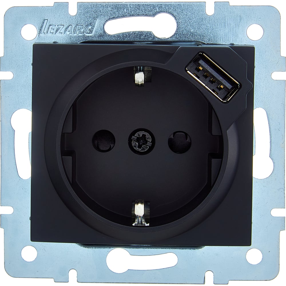 Изображение товара Розетка Lezard ASTI с заземлением + USB разъём чёрный бархат механизм 7081-4288-181