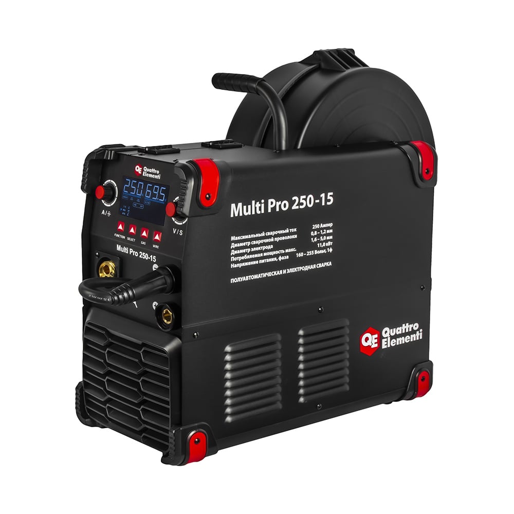 Изображение товара Аппарат полуавтоматической сварки QUATTRO ELEMENTI инвертор  Multi Pro 250-15 (250A, 1 фаза, 3 вида сварки MIG/TIG/MMA, кат.15 кг,Диспл.)() 925-761