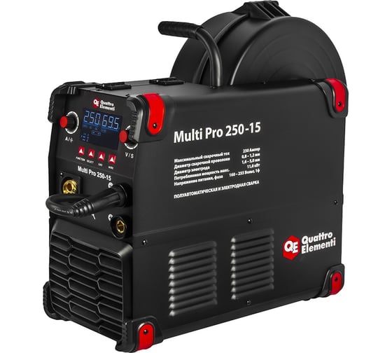 Изображение товара Аппарат полуавтомат. сварки, инвертор Multi Pro 250-15 (250A, 1 фаза, 3 вида сварки MIG/TIG/MMA, кат.15 кг,Диспл.) QUATTRO ELEMENTI 925-761
