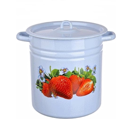 Изображение товара Эмалированная кастрюля Сибирские товары Клубника садовая цилиндрическая 12.0 л декорированная серо-голубая ПС8780