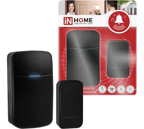 Изображение товара Звонок беспроводной IN HOME KD-BL 38 мелодий с вилкой 230В с подсветкой с пьезокнопкой 150м черный 4690612067582