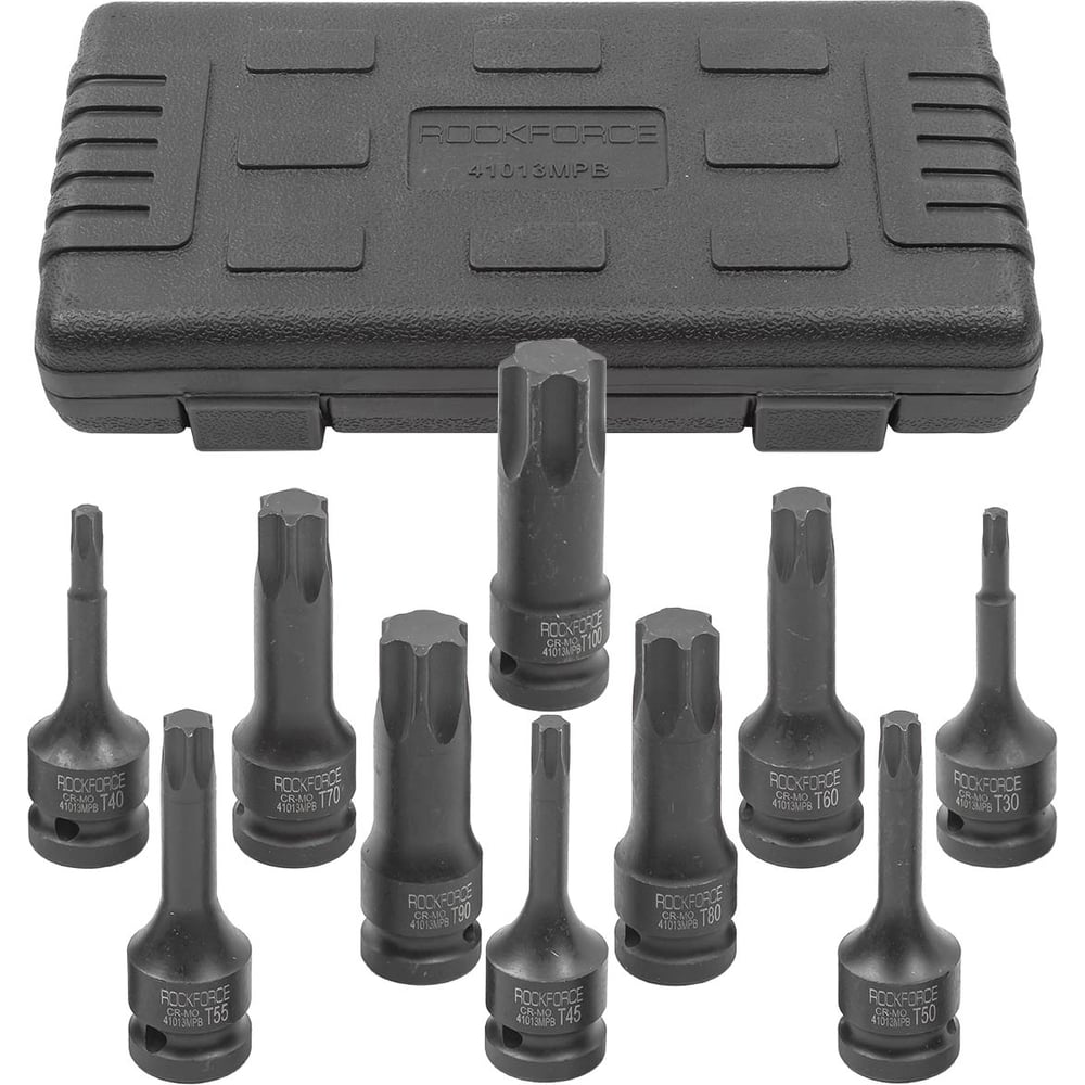 Изображение товара Набор головок-бит Rockforce TORX ударных 10 предметов, 1/2(T30, T40, T45, T50, T55, T60, T70, T80, T90, T100), в кейсе RF-41013MPB(54610)