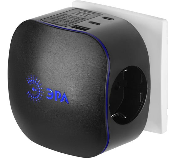 Изображение товара Разветвитель электрический ЭРА SP-3e-3USBAC-B на 3 розетки + 3 USB A+C с заземлением со шторками 16А черный Б0069082