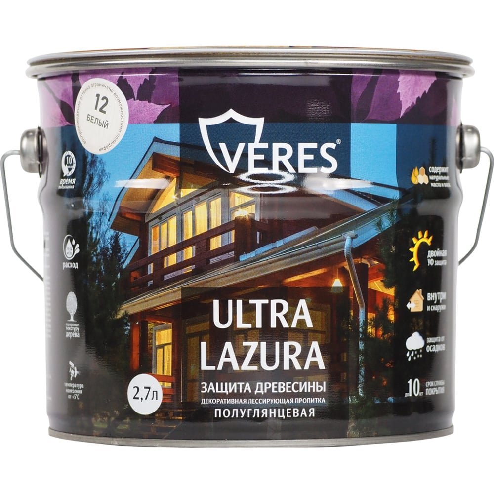 Изображение товара Декоративная пропитка для дерева Veres Верес Ультра Лазура №12 VU-23, полуглянцевая, 2,7 л, белая 281406 Изображение товара Декоративная пропитка для дерева Veres Верес Ультра Лазура №12 VU-23, полуглянцевая, 2,7 л, белая 281406