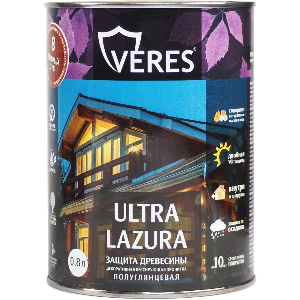 Изображение товара Декоративная пропитка Veres Ультра Лазура №8 для дерева, темный дуб, 0,8 л Изображение товара Декоративная пропитка Veres Ультра Лазура №8 для дерева, темный дуб, 0,8 л