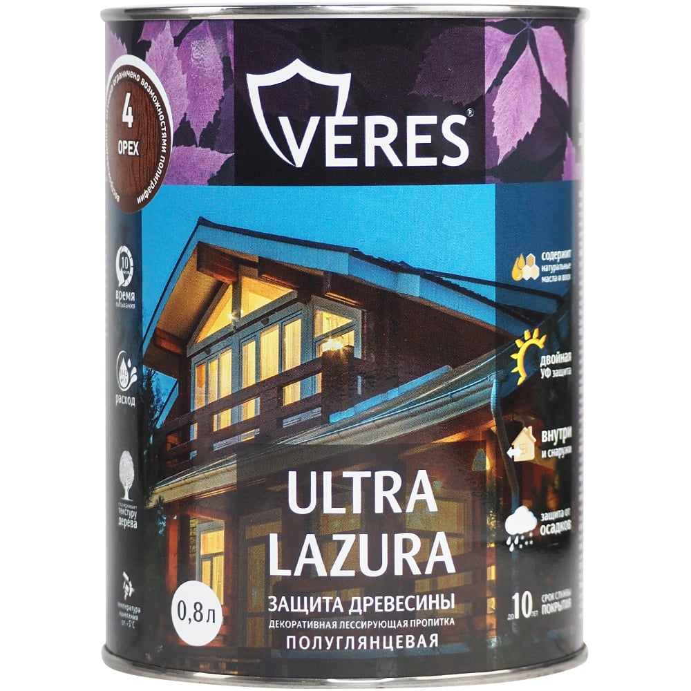 Изображение товара Декоративная пропитка Veres для дерева Верес Ультра Лазура №4 VU-10, полуглянцевая, 0,8 л, орех 281393 Изображение товара Декоративная пропитка Veres для дерева Верес Ультра Лазура №4 VU-10, полуглянцевая, 0,8 л, орех 281393