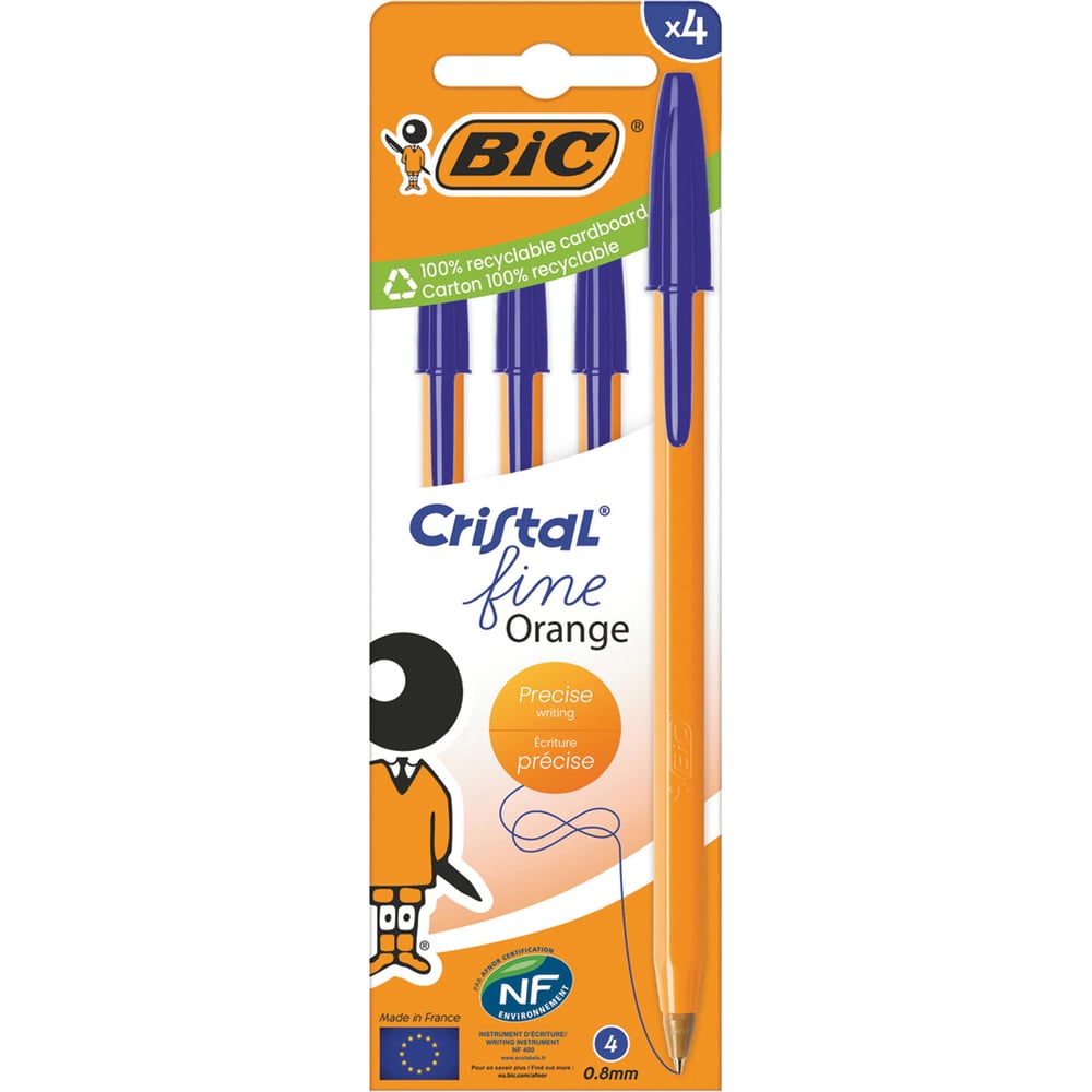 Ручки шариковые BIC Orange Original, НАБОР 4 шт., СИНИЕ, узел 0,8мм, линия 0,3мм, пакет, 8308521 141308