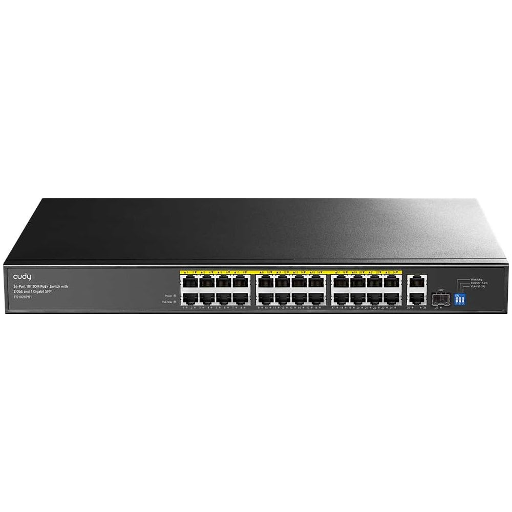 Изображение товара Коммутатор Cudy FS1026PS1 с 24 портами 10/100 Мбит/с, 2 гигабитными портами, портом SFP и поддержкой PoE+ (300 Вт) 10000151976 Изображение товара Коммутатор Cudy FS1026PS1 с 24 портами 10/100 Мбит/с, 2 гигабитными портами, портом SFP и поддержкой PoE+ (300 Вт) 10000151976