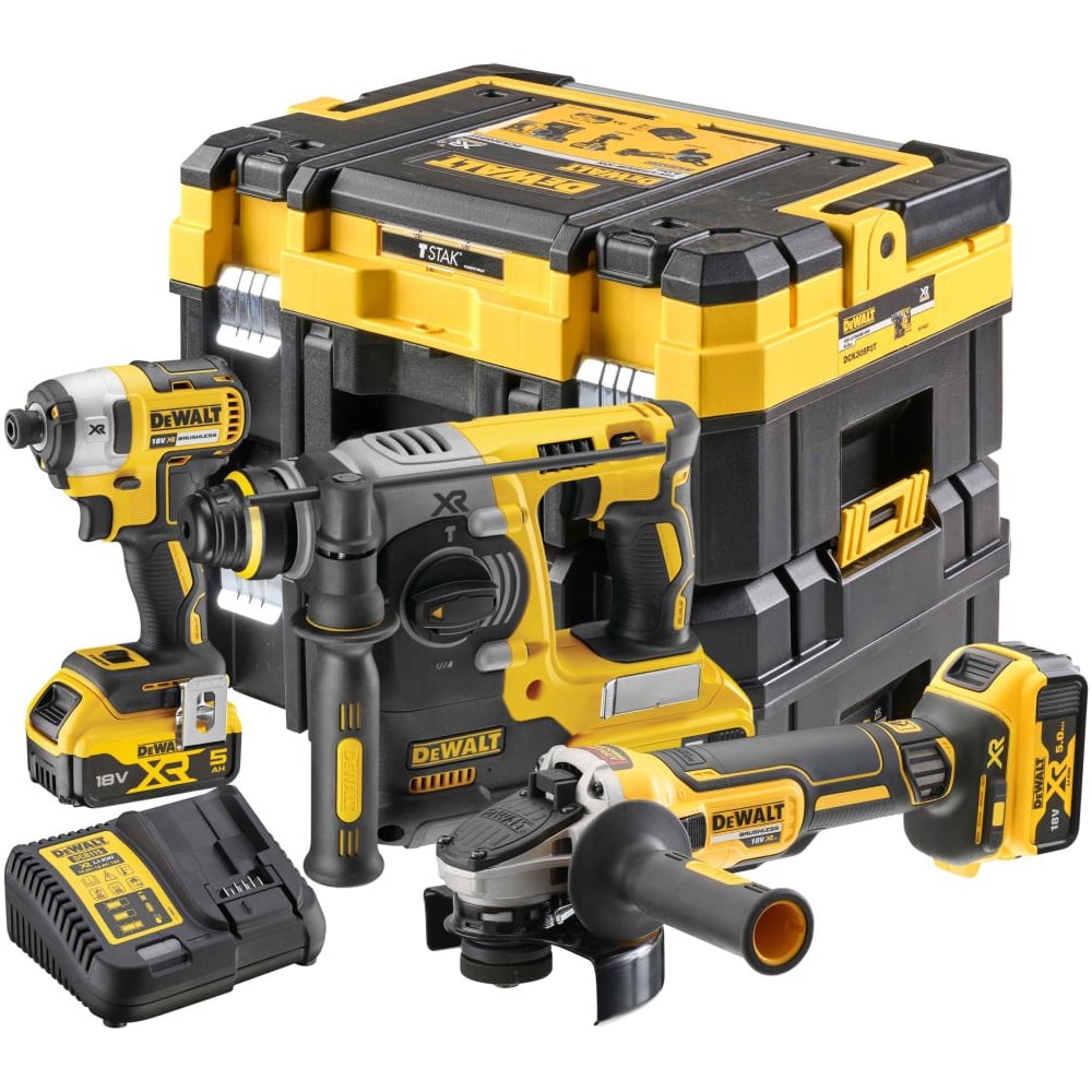 Изображение товара Аккумуляторный набор Dewalt DCK305P3T: шуруповерт DCF887 + перфоратор DCH273 + УШМ DCG405, с 3 АКБ 5 Ач и ЗУ, в 2 кейсах TSTAK DCK305P3T-QW Изображение товара Аккумуляторный набор Dewalt DCK305P3T: шуруповерт DCF887 + перфоратор DCH273 + УШМ DCG405, с 3 АКБ 5 Ач и ЗУ, в 2 кейсах TSTAK DCK305P3T-QW