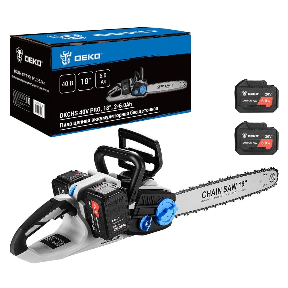Изображение товара Аккумуляторная пила цепная DEKO DKCHS 40V PRO, 18 дюймов, бесщеточный двигатель