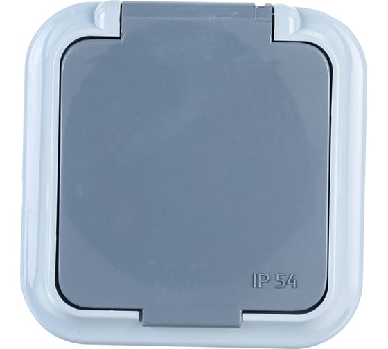 Изображение товара Розетка Bylectrica 1-местная, открытая установка, с заземляющим контактом, со шторкой IP54, серия ПРАЛЕСКА АКВА, серый, РА16-097 03