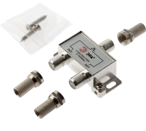 Изображение товара Делитель ЭРА ТВ DF04 2 ответвления под F разъем, в комплекте 3 F разъема, 5-1000 МГц Б0048323