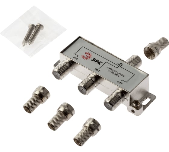 Изображение товара Делитель ЭРА ТВ DF05 3 ответвления под F разъем, в комплекте 4 F разъема, 5-1000 МГц Б0048324