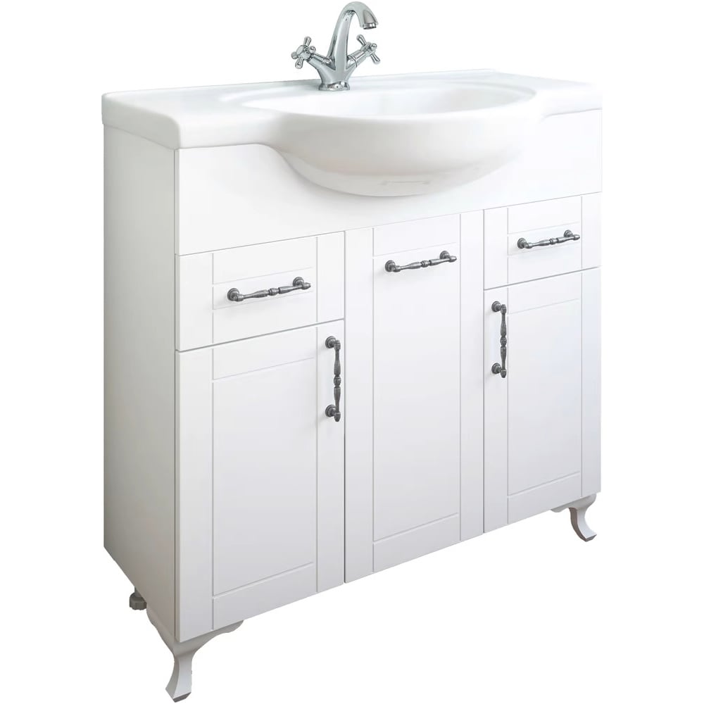 Изображение товара Тумба Санфлор Глория 85 белая для ванной комнаты с 3 дверцами и 2 ящиками