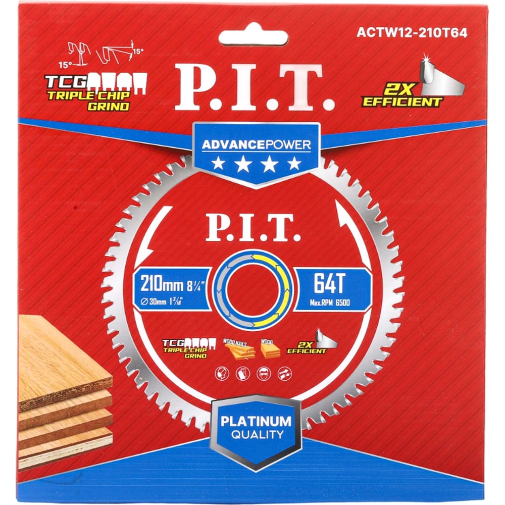 Изображение товара Диск пильный по дереву P.I.T. ADVANCE 210x30x2.2 мм, 64T Carbide, зуб TCG 15 ACTW12-210T64