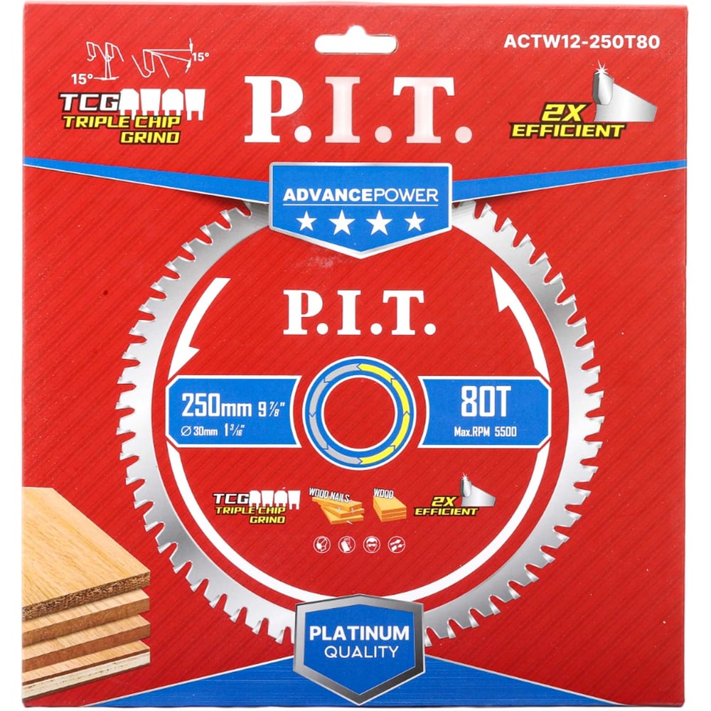 Диск пильный по дереву P.I.T. ADVANCE 250x30x2.4 мм, 80T Carbide, зуб TCG 15 ACTW12-250T80