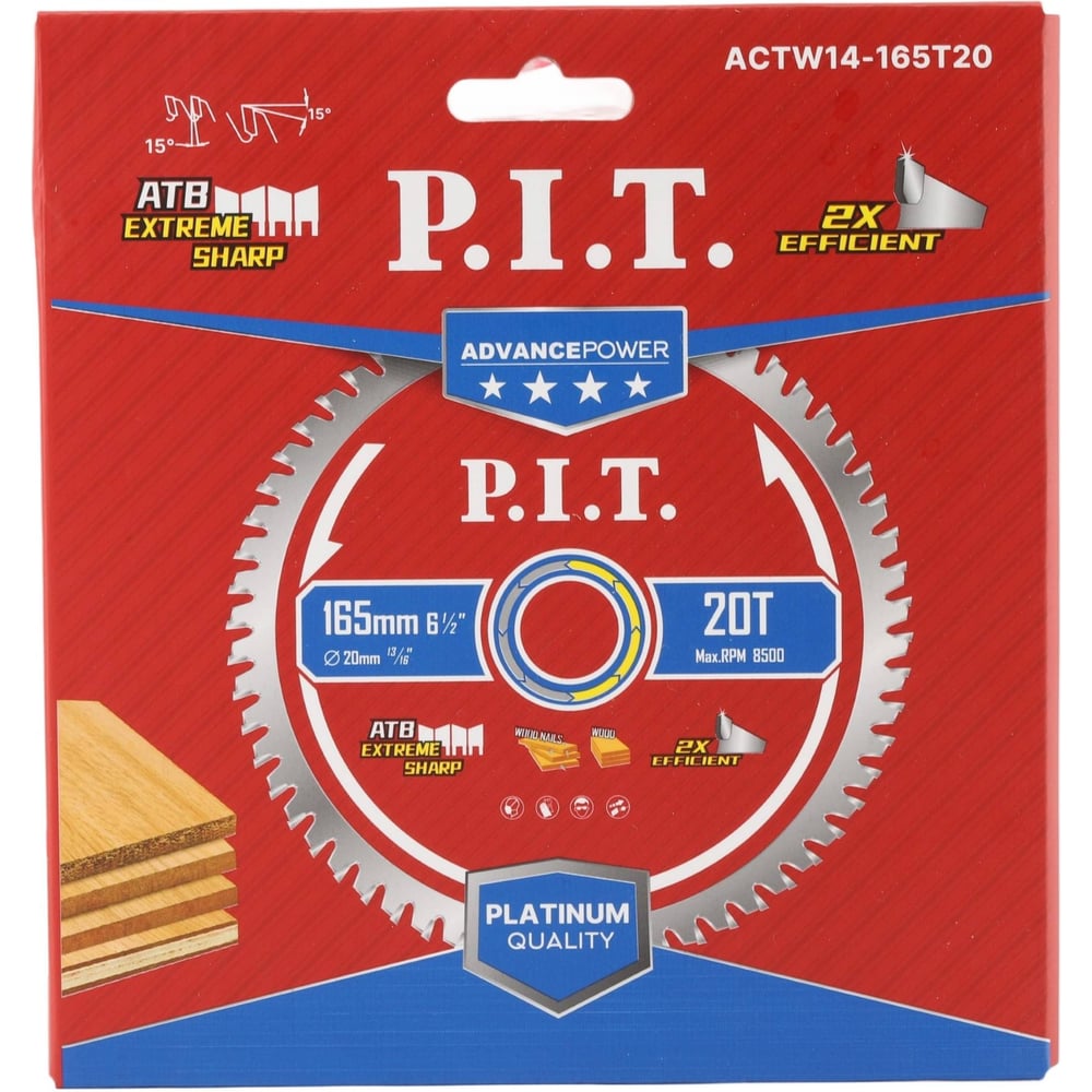 Изображение товара Пильный диск по дереву P.I.T. ADVANCE 165мм 20T Carbide с углом 15°
