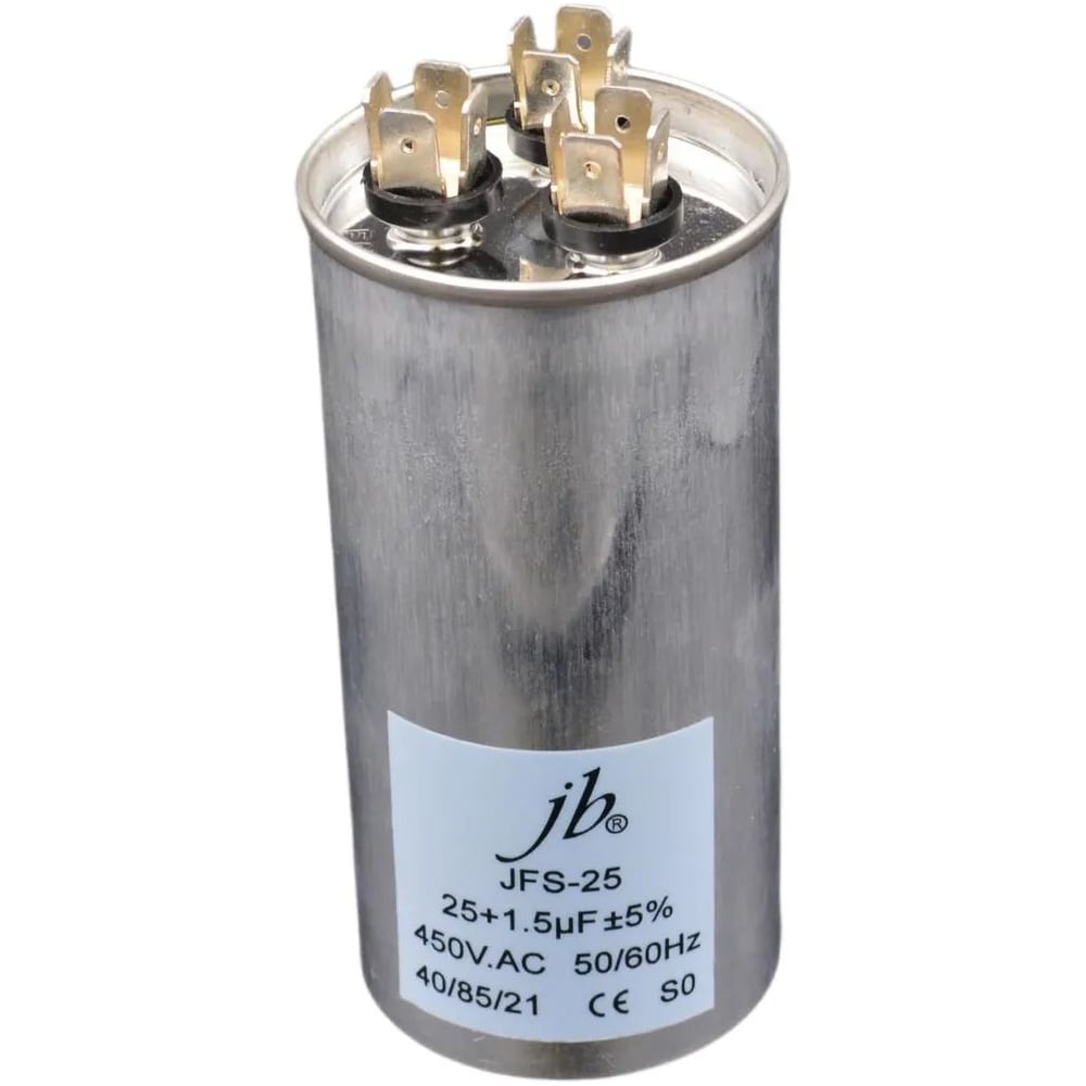 Изображение товара Пусковой конденсатор JB 25uF+1,5 450VAC +/-5_(JFS25A6265J000000B2515) JFS-25 (клеммы, для кондиционеров, 3 вывода) 50_103 (алюминиевый корпус) 00-00017442 Изображение товара Пусковой конденсатор JB 25uF+1,5 450VAC +/-5_(JFS25A6265J000000B2515) JFS-25 (клеммы, для кондиционеров, 3 вывода) 50_103 (алюминиевый корпус) 00-00017442
