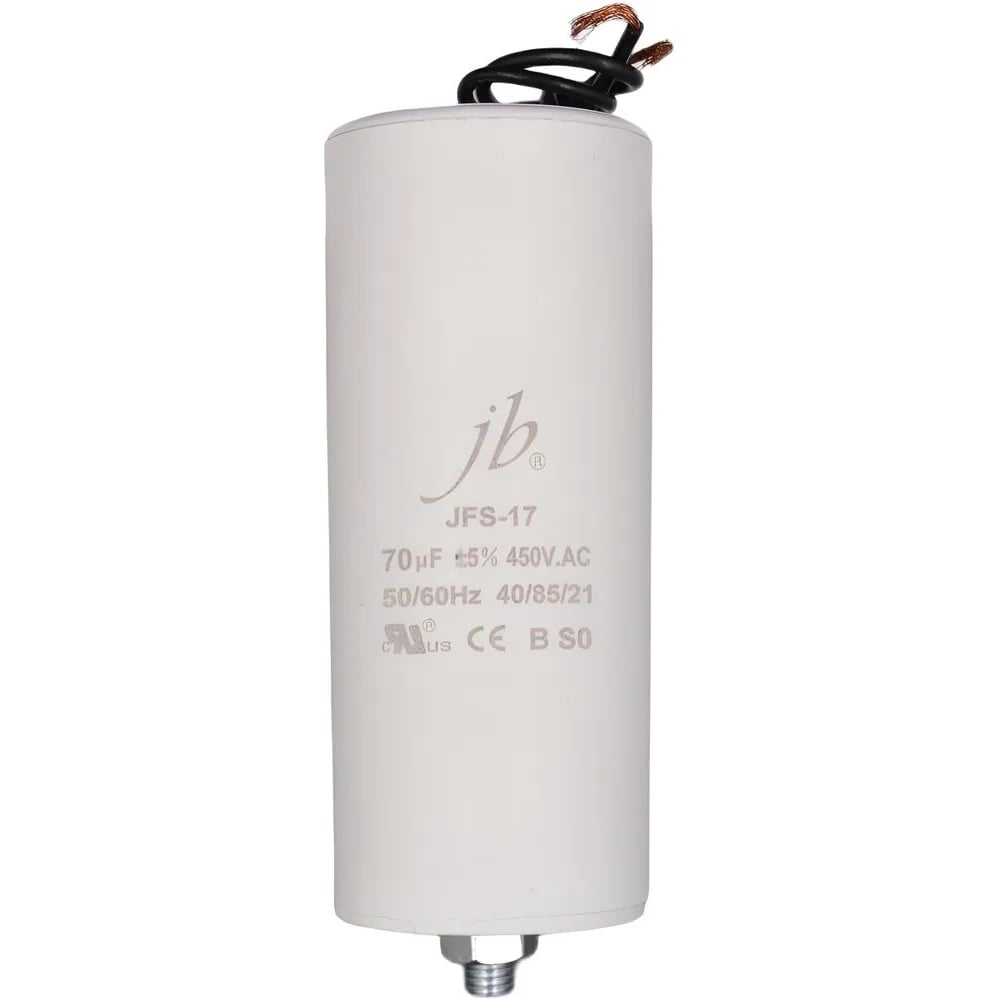 Изображение товара Пусковой конденсатор JB 70uF 450VAC +/-5_(JFS17A6706J000000B) JFS-17 (гибкие вывода+болт) 50_120 00-00017384 Изображение товара Пусковой конденсатор JB 70uF 450VAC +/-5_(JFS17A6706J000000B) JFS-17 (гибкие вывода+болт) 50_120 00-00017384