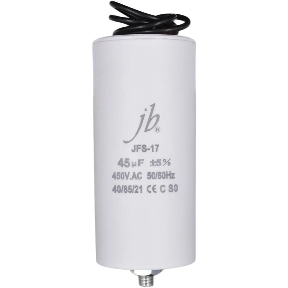 Изображение товара Пусковой конденсатор JB 45uF 450VAC +/-5_(JFS17A6456J000000B) JFS-17 (гибкие вывода+болт) 45_100 00-00017376