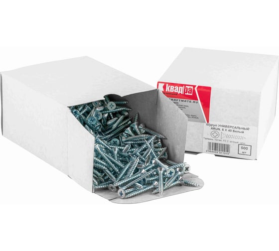 Изображение товара Универсальный саморез КВАДРА 5x40 белый, потайная голова, цинк, кор. 500 шт. 503040001500
