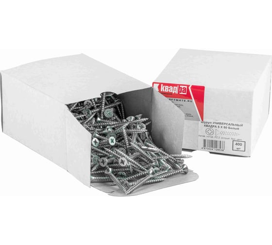 Изображение товара Универсальный саморез КВАДРА 5x50 белый, потайная голова, цинк, кор. 400 шт. 503050010400