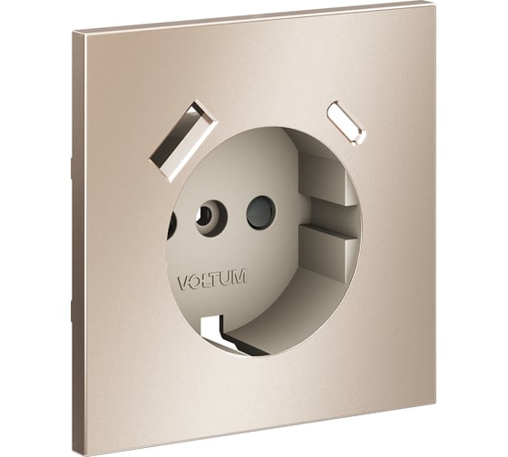 Изображение товара Накладка Voltum S70 Metal для розетки с заземлением и защитными шторками, с USB A+C, платина VLSM001010