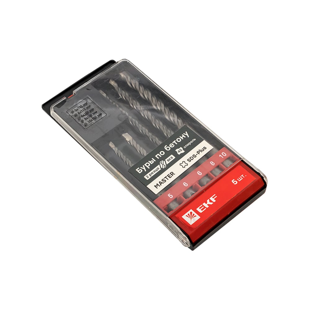 Изображение товара Профессиональный набор буров SDS-plus Master EKF 5/110 6/110 6/160 8/160 10/160 мм с 2 резцами