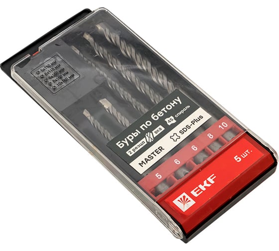 Изображение товара Набор буров по бетону SDS-plus 5/110, 6/110, 6/160, 8/160, 10/160 мм, 2 резца, 4S спираль Master EKF db-h5-2x4