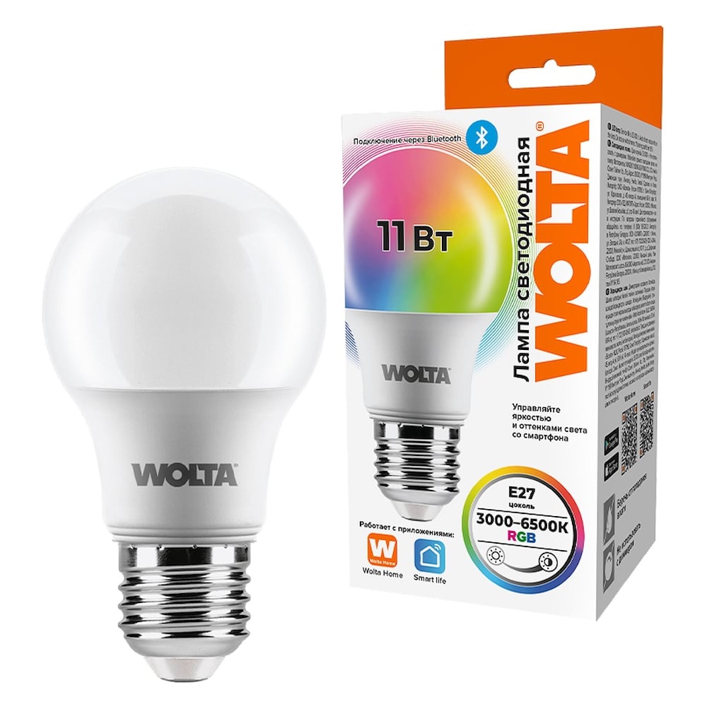 Изображение товара Светодиодная RGB лампа Wolta 11Вт E27 с регулировкой яркости и длительным сроком службы