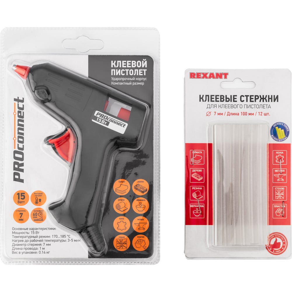 Изображение товара Набор REXANT ПК01 для творчества, пистолет 15Вт, стержни 7мм 12-1701
