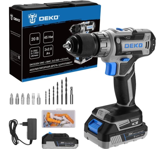 Изображение товара Аккумуляторная дрель-шуруповерт DEKO DKCD20V ONE + в кейсе + набор 63 инструмента для дома, 20В, 2x2.0Ач 083-1038