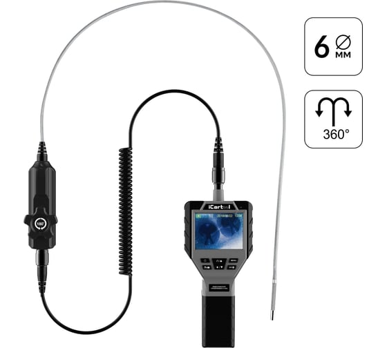 Изображение товара Управляемый видеоэндоскоп iCarTool 3.5", 1Мп, 1280X720, 1м, зонд 6мм, поворот камеры 360° IC-V202