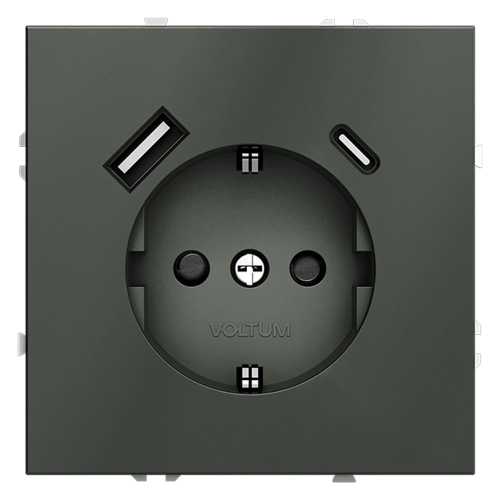Розетка встраиваемая Voltum S70 с заземлением и защитными шторками, 16А, с USB, A+С, титан VLS040506