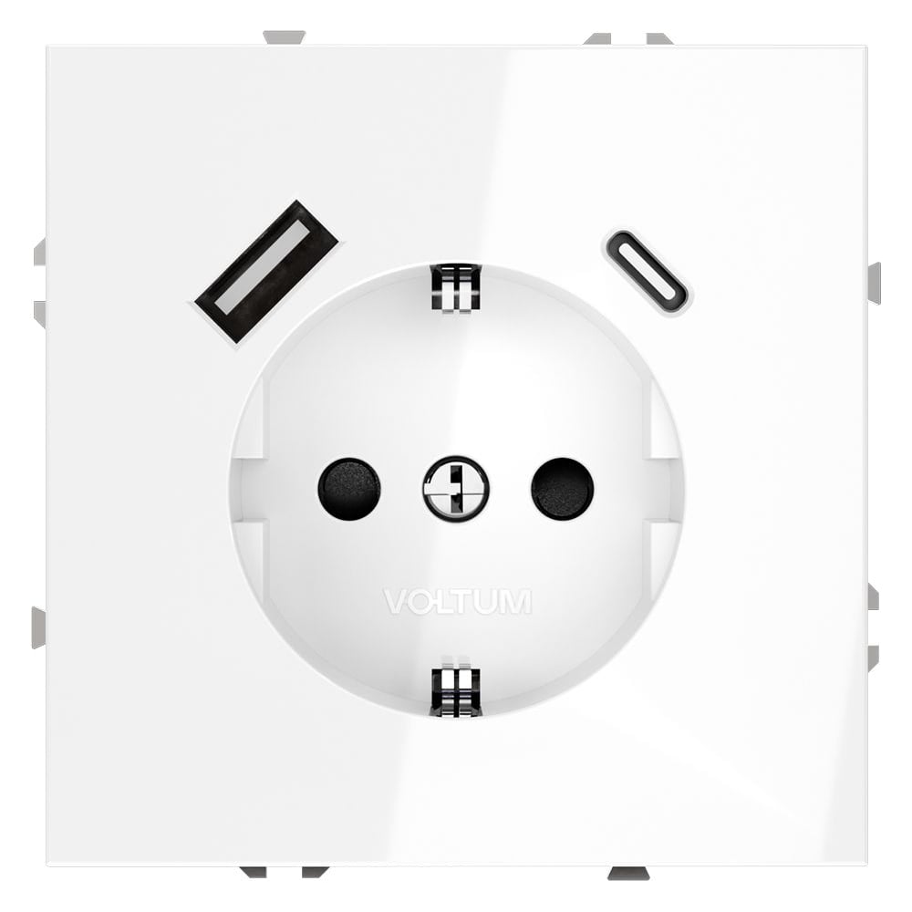 Розетка встраиваемая Voltum S70 с заземлением и защитными шторками, 16А, с USB, A+С, белый глянцевый VLS040501