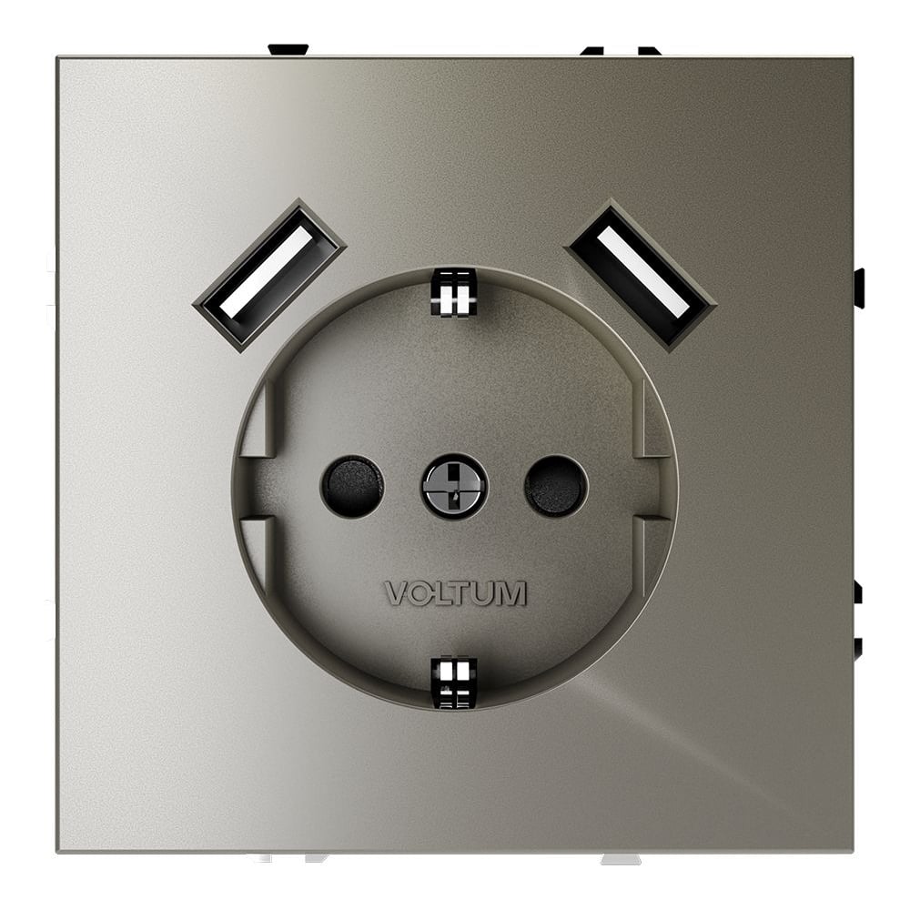 Розетка встраиваемая Voltum S70 с заземлением и защитными шторками, 16А, с USB, A+A, шелк VLS040404