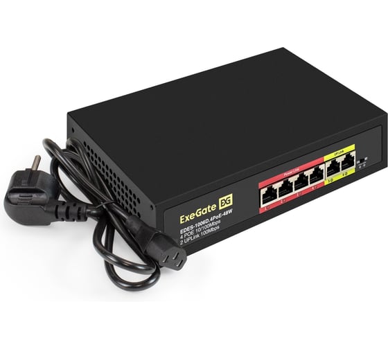 Изображение товара Коммутатор неуправляемый ExeGate EDES-1006D.4PoE-48W 6-портовый UTP 10/100 Base-Tx: 4 порта 802.3af PoE, мощность PoE: 25W, суммарно 48W, 2 порта RJ45 299020